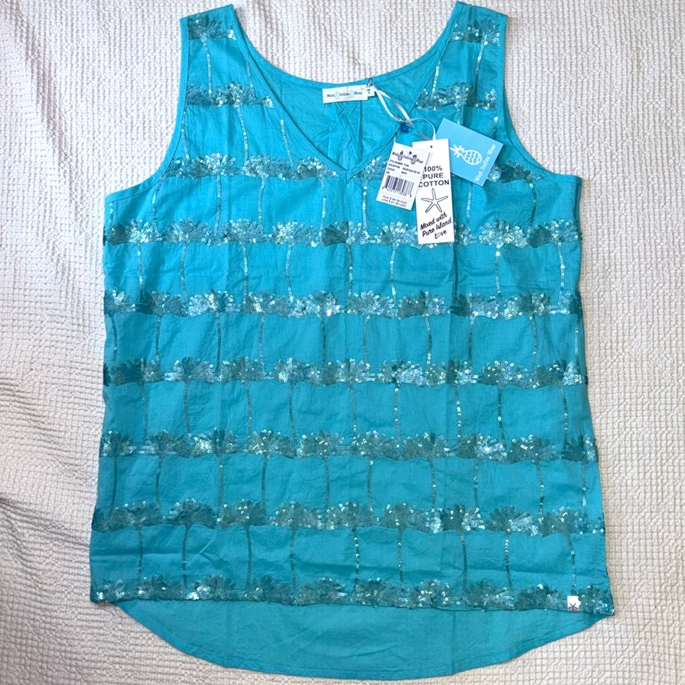 West Indies Wear Sleeveless Palm Sequin Top - Aqua Blue Island Cotton, Large NWT